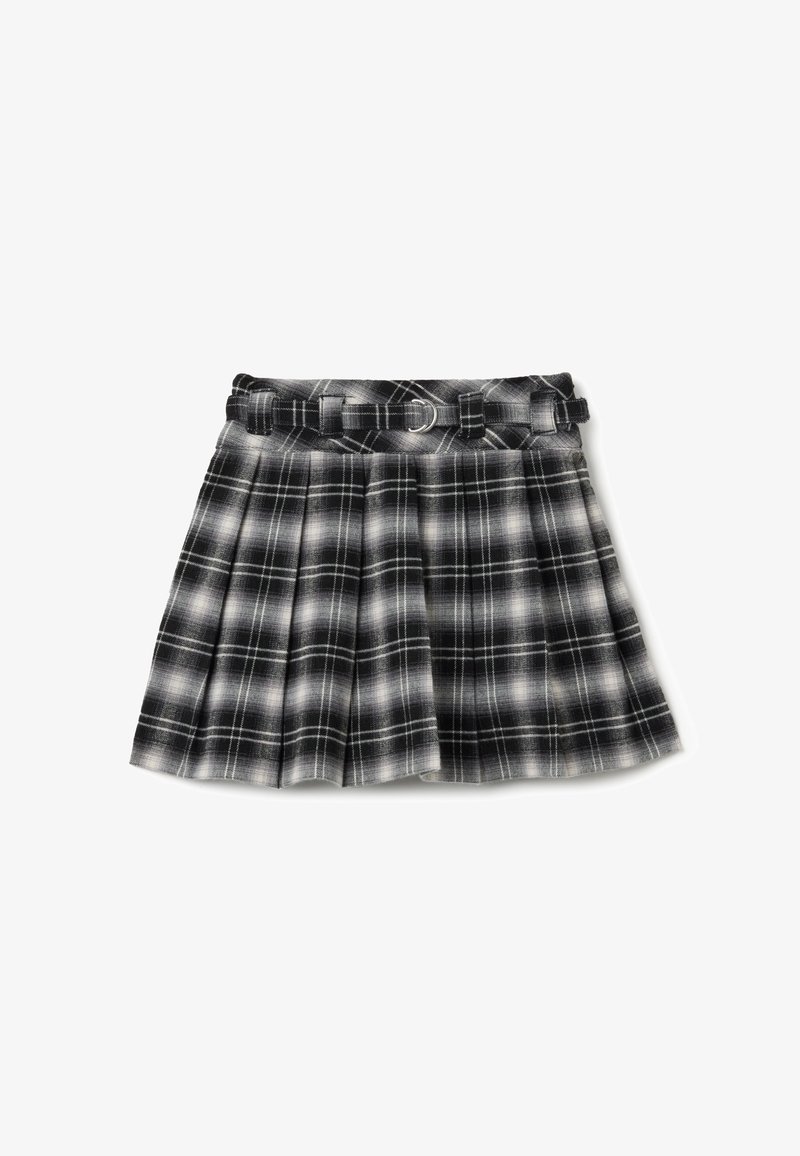 Gonna plissettata in plaid bianco e nero con una cintura in tessuto, caratterizzata da una vita aderente e materiale testurizzato. Dettaglio con asola circolare per la cintura incluso.