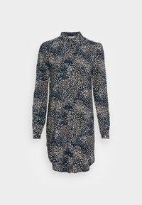 Abito a maniche lunghe realizzato in tessuto leggero, con sfondo navy e motivi a macchie beige e azzurro chiaro, completo di colletto.