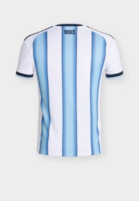 Kortärmad sporttröja med vertikala ljusblå och vita ränder, svarta och blå ärmslut samt "1893" tryckt under kragen på ryggen.