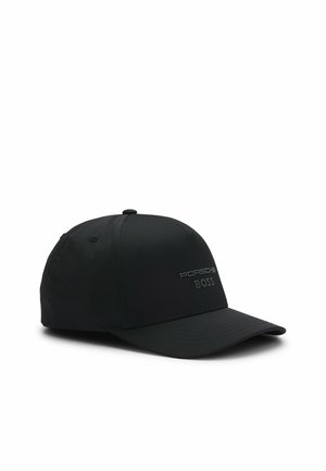 Black baseball cap with curved brim featuring embossed "Porsche" and "BOSS" logos on front panel.