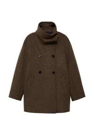 Manteau en laine marron avec un col montant, design double boutonnage et deux poches latérales. Présente des boutons noirs et une silhouette carrée.