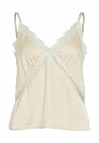 Kamisole med blonderkant i lys beige. Har V-utringning, tynne stropper og dekorative frynser langs kantene. Myk satengtekstur.