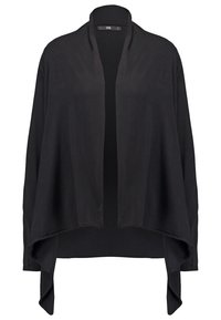 Černý kardigan s otevřeným předním dílem, dlouhými rukávy, volným střihem a hladkou texturou. Jednoduchý, minimalistický styl bez zapínání a ozdob.