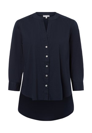 Dunkelblaue Bluse mit Stehkragen, langen Ärmeln und Knopfleiste. Weicher Stoff und abgerundeter Saum. Mit silbernen Knöpfen.