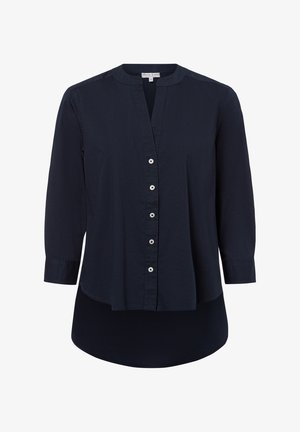 Navy blue blouse with a mandarin collar, full-length sleeves, and button placket. Soft fabric and curved hem. Features silver buttons.