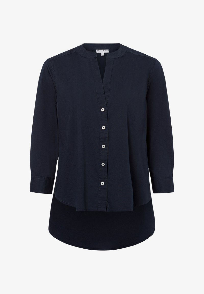 Dunkelblaue Bluse mit Stehkragen, langen Ärmeln und Knopfleiste. Weicher Stoff und abgerundeter Saum. Mit silbernen Knöpfen.