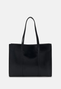 Sort læder tote taske med to lange håndtag, rektangulær form, glat overflade og minimalistisk design, der har diskrete syninger.