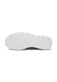 Semelle de basket blanche, plate avec une texture antidérapante, présentant des rainures horizontales et verticales pour une meilleure adhérence. Bords renforcés pour plus de durabilité.