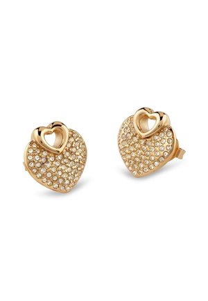 Gold heart-shaped earrings adorned with small clear crystals, featuring a hollow center. Smooth texture with shiny gold hardware.