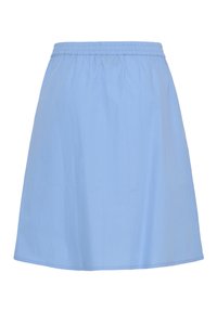 Jupe bleu clair longueur genou avec taille élastique, tissu lisse et légère coupe évasée.