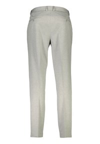 Pantalones grises confeccionados en tela suave, con un ajuste slim, dos bolsillos traseros y un diseño de cinturilla limpio. Textura suave y apariencia entallada.