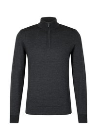 Dunkelgrauer Pullover mit Stehkragen, der einen halben Reißverschluss vorne, lange Ärmel und gerippte Bündchen sowie Saum aufweist. Hergestellt aus einem weichen Stoff.