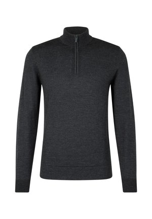 Maglione grigio scuro con colletto alto, dotato di mezza zip frontale, maniche lunghe e polsini e orlo a coste. Realizzato in un tessuto morbido.