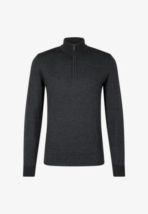 Donkergrijze trui met een staande kraag, voorzien van een halve rits aan de voorkant, lange mouwen en geribde manchetten en zoom. Gemaakt van een zachte stof.