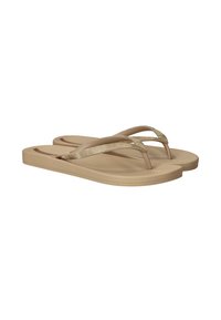Bruine flip-flops met een gestructureerde voetbed, dunne bandjes met een golvenpatroon en een platte, flexibele zool. Geschikt voor casual gebruik.