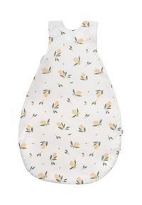Baumwoll-Schlafsack in runder Form, auf weißem Hintergrund mit Zitronen- und Blattmuster sowie ärmellosem Design, geeignet für Säuglinge.