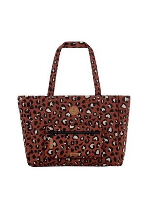 Braune und schwarze Leopardenmuster-Shopper mit zwei Schulterriemen und einer vorderen Reißverschlusstasche.