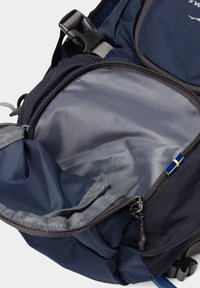 Navy blue backpack with gray accents. Features a zippered compartment with a smooth, shiny interior and mesh detailing along the edges.