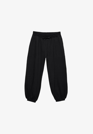 Zwarte sweatpants met een gekreukt elastische tailleband, verstelbare trekkoorden, geplooide manchetten en twee voorzakken. Zacht, gestructureerd materiaal.