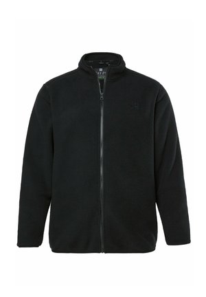 Černá fleecová bunda s vysokým límcem a předním zipem. Má jednoduchý design, měkkou texturu a nenápadné vyražené logo na hrudi.