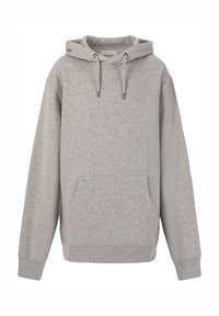 Grijze hoodie van zacht stof, met een buidelzak, verstelbare capuchon en ribgebreide manchetten en zoom. Eenvoudig en onopgesmukt ontwerp.