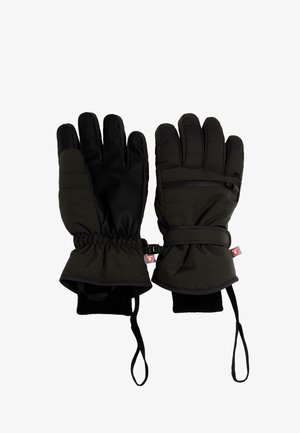 Crne zimske rukavice od quiltane tkanine, s teksturiranom dlanom za bolji grip, elastičnom manžetom, podesivim remenom i malim zip džepom na stražnjoj strani.
