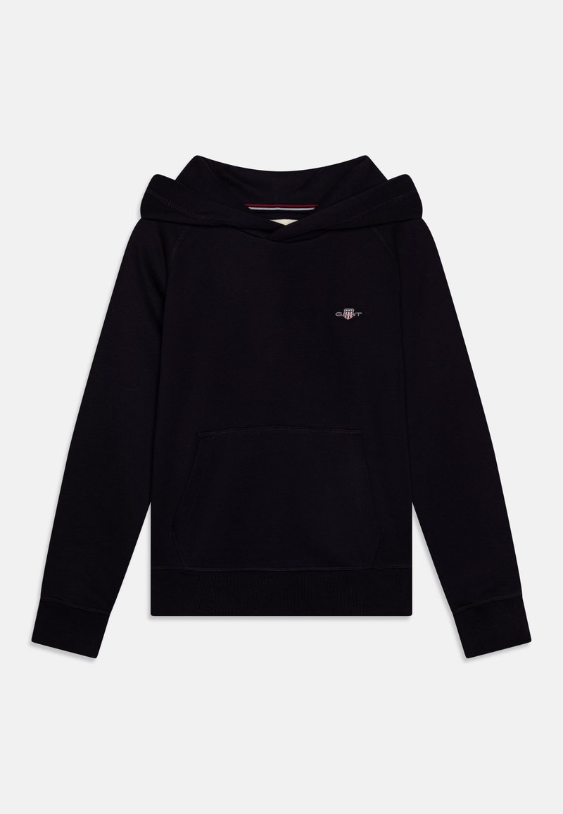 Hoodie noir à manches longues avec poche kangourou à l'avant et petit logo brodé sur le côté gauche de la poitrine, posé à plat sur fond blanc.