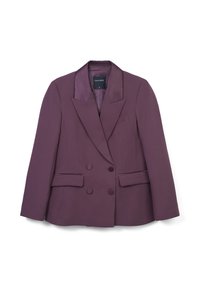 Blazer doppiopetto in tessuto viola intenso, con rever in satin, due tasche frontali e una tasca sul petto.