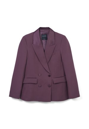 Blazer doppiopetto in tessuto viola intenso, con rever in satin, due tasche frontali e una tasca sul petto.