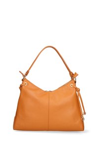 Borsa in pelle marrone chiaro con manico singolo superiore, chiusura con zip e nodi decorativi laterali su uno sfondo bianco.