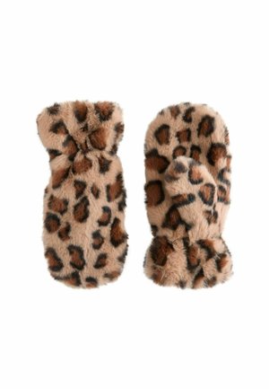Leopardenmuster Kunstpelz-Handschuhe; weiche Textur, runde Form, braune und schwarze Flecken auf einem hellbraunen Hintergrund, geraffte Manschette.