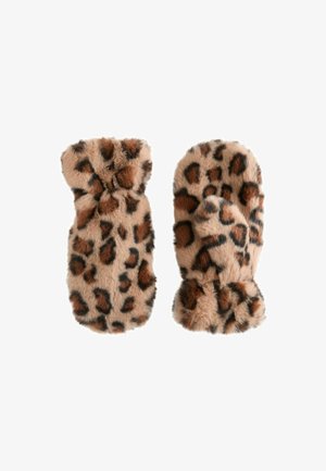 Leopard print faux fur mittens; soft texture, rounded shape, brown and black spots on a light tan background, gathered cuff detail.
