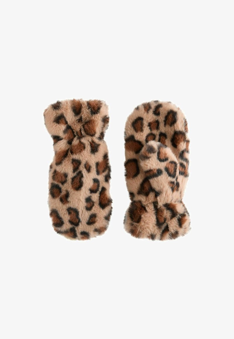 Leopardi mustriga vale nahast kinnas; pehme tekstuur, ümar kuju, pruunid ja mustad laigud helesinise tausta peal, kokku tõmbatud palistuse detail.