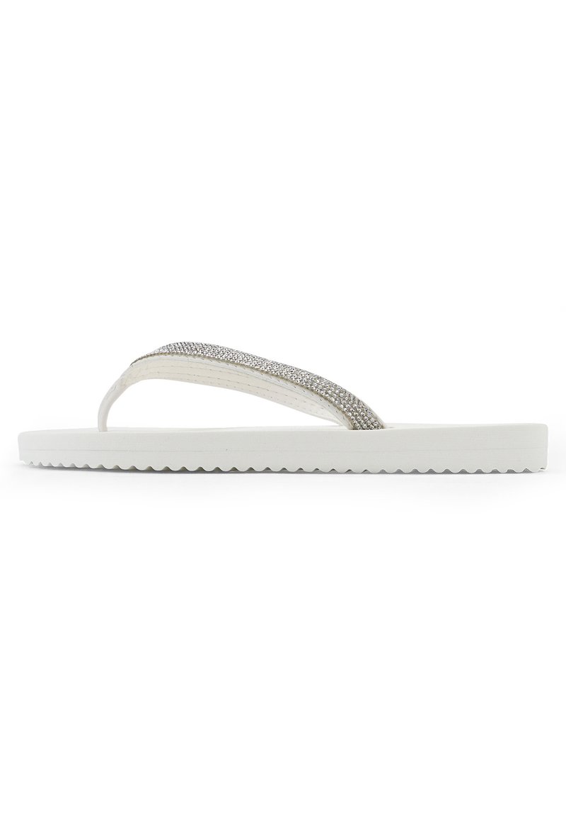 White flip-flops with a textured sole, featuring a glossy strap adorned with silver rhinestones. The design is simple and flat.