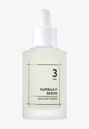 Matowa szklana butelka z kroplomierzem oznaczona "3 nimbuz:n SERUM SKIN SOFTENING" z białą nakrętką i pipetą w środku.
