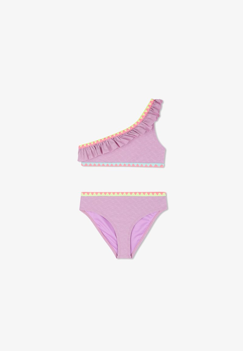 Bikini asymétrique violet clair avec bordure à volants, accents contrastés à motifs triangulaires en jaune et sarcelle sur le haut et le bas.