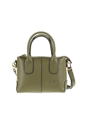 Sac à main en cuir vert texturé avec deux poignées supérieures, une bandoulière amovible et des ferrures dorées. Présente un détail de logo sur le devant.