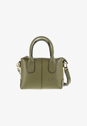 Sac à main en cuir vert texturé avec deux poignées supérieures, une bandoulière amovible et des ferrures dorées. Présente un détail de logo sur le devant.