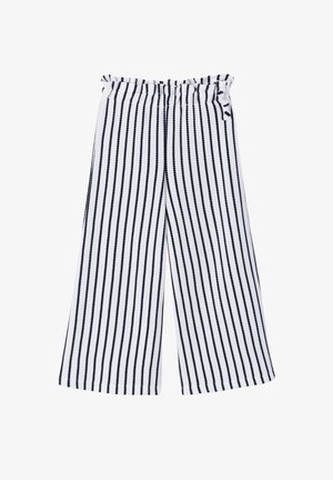 White wide-leg pants with vertical black stripes and a gathered elastic waistband, laid flat on a white background.