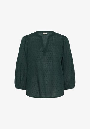 Donkergroene blouse met V-hals, lange pofmouwen, gewatteerde stof en een kleine stippenpatroon overal. Ontspannen pasvorm met een iets gebogen zoom.