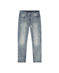 Lichtblauwe versleten denimjeans met verschillende scheuren en vervaging, met een knopenfly, vijf zakken en een rechte pijp.