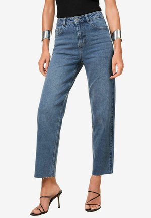 Hoge taille, rechte spijkerbroek in blauw met een rauwe zoom. Gemaakt van denim, met voorzakken en een knoopsluiting.