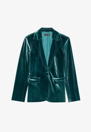Blazer de terciopelo verde azulado con solapa muesca, cierre de un solo botón y dos bolsillos frontales. Textura suave y corte ajustado en toda su extensión.