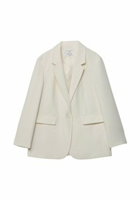 Kremowy żakiet z gładkiego materiału, z klapami, z pojedynczym zapięciem na guzik i dwiema przednimi kieszeniami; luźny krój z lekko rozszerzanymi rękawami.