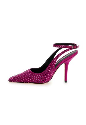 Fuksijos spalvos slingback aukštakulniai bateliai su smailiu pirštu, puošti metaliniais blizgučiais ir aukštu stiletto kulnu. Su plonu kulkšnies dirželiu.