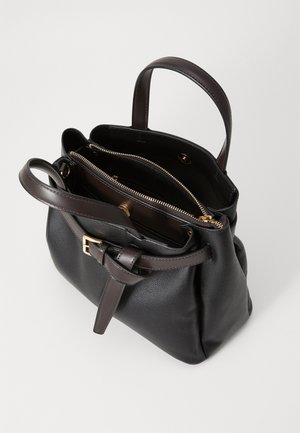 Black leather handbag with a structured shape, dual handles, an adjustable strap, and a gold zipper detail, revealing interior compartments.