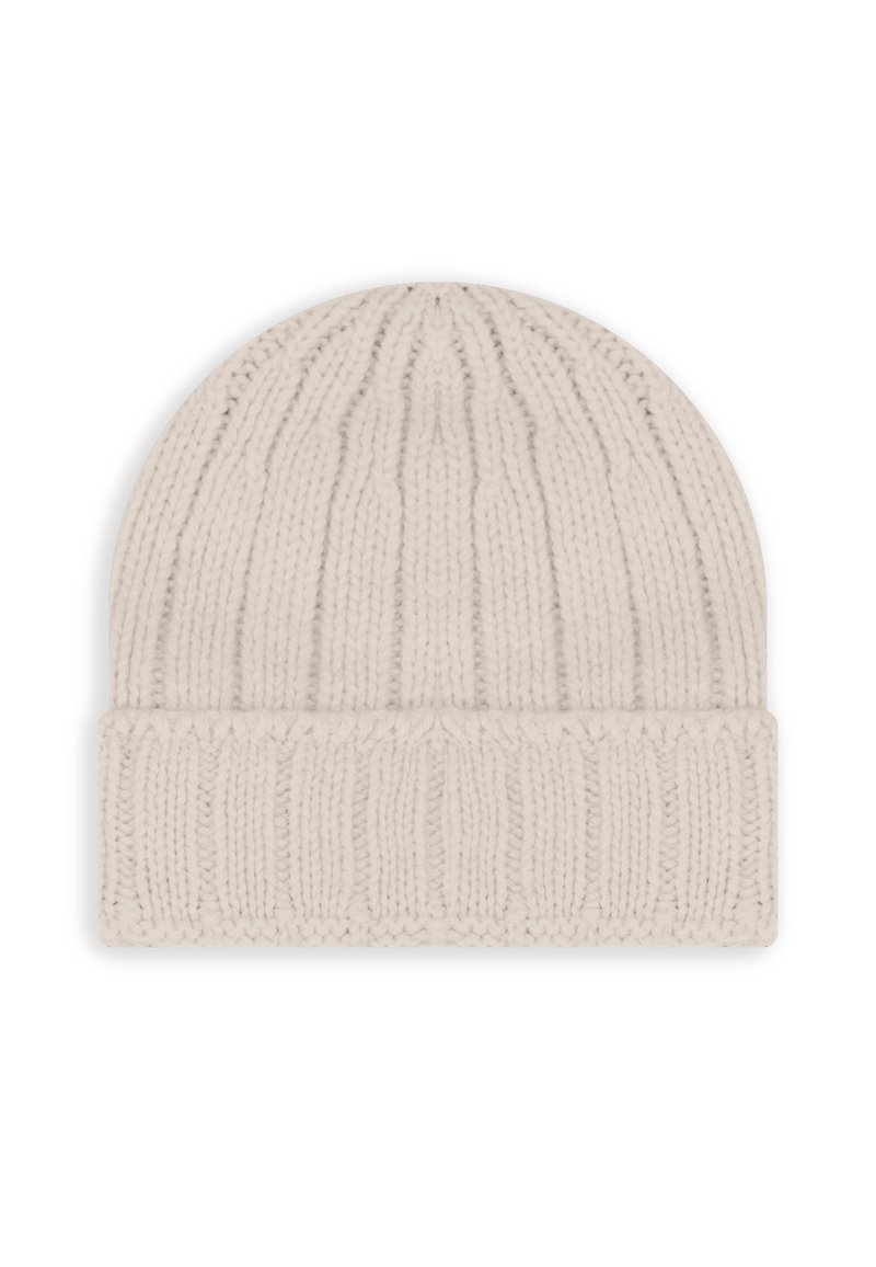 Berretto in maglia di un beige chiaro, con una texture a coste e un risvolto per una calzata aderente. Materiale morbido con cuciture uniformi in tutto.