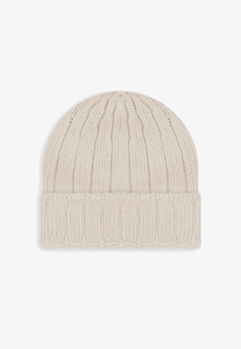 Berretto in maglia di un beige chiaro, con una texture a coste e un risvolto per una calzata aderente. Materiale morbido con cuciture uniformi in tutto.