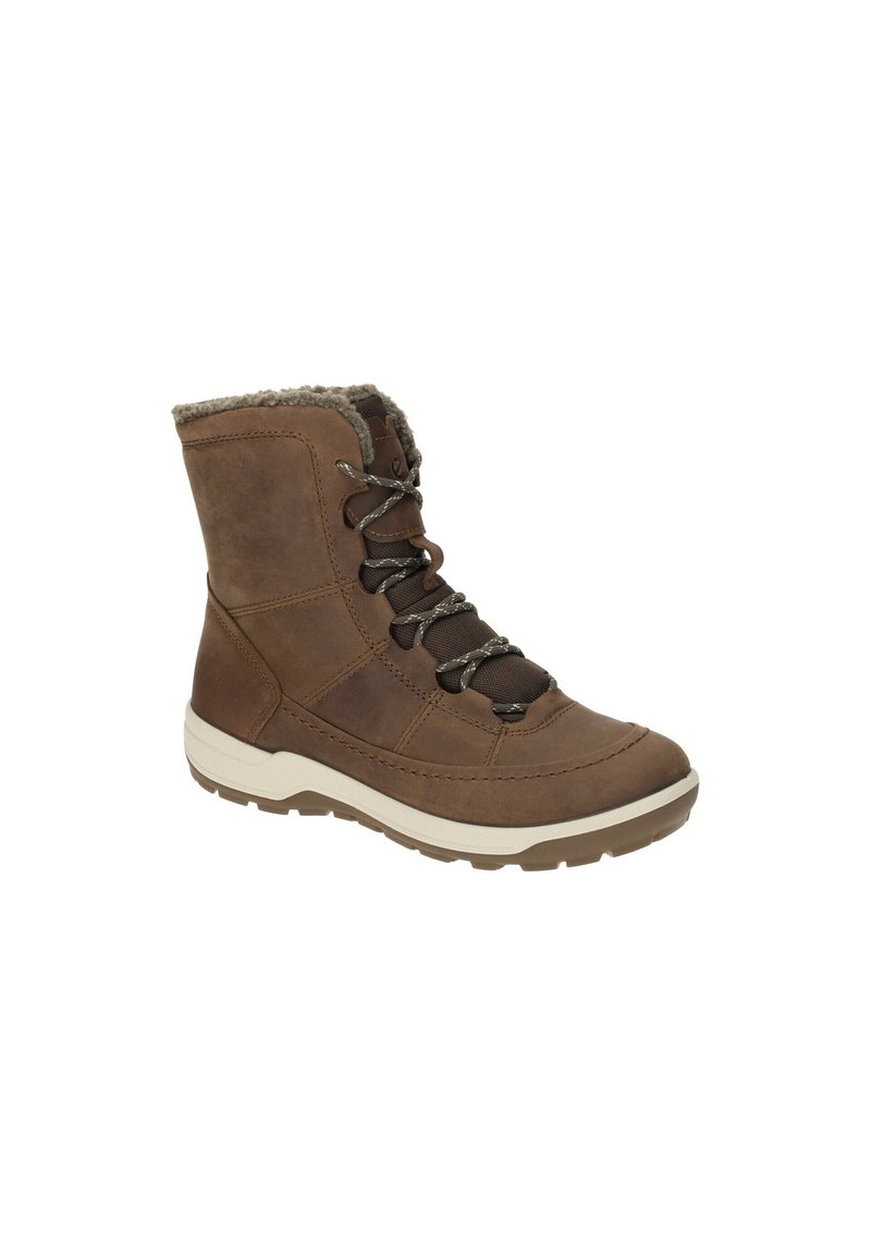 Braune Leder-Stiefelette mit Kunstfellfutter, robustem Gummisohle und Ösen für die Schnürsenkel, ausgestattet mit einer verstärkten Zehenkappe und seitlichen Nähten.