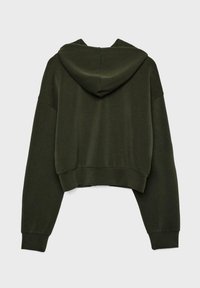 Hooded crop sweatshirt in dark green, made of soft material. Features long sleeves, a kangaroo pocket, and ribbed cuffs and hem.